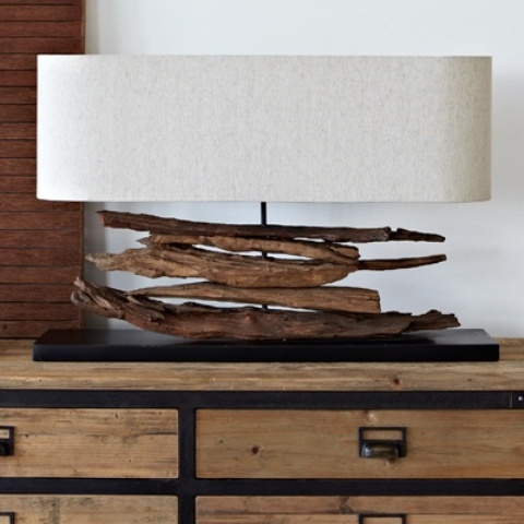 a stylish beachy driftwood lamp with a neutral lampshade