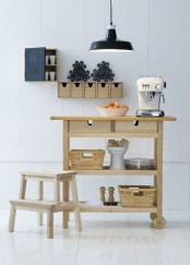 an Ikea Forhoja cart is a perfect kitchen island or part of kitchen furniture, it features much storage and some can hold some appliances