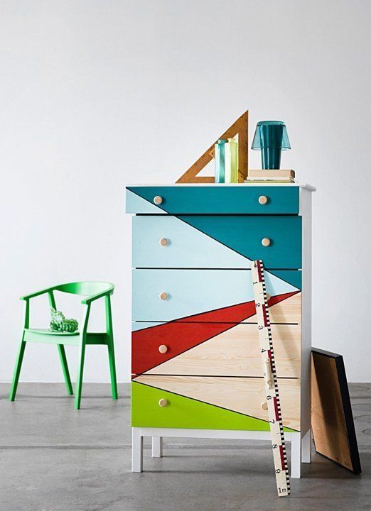 a super colorful IKEA Tarva dresser with geometric patterns will brign color to your modern or contemporary space