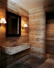 a cozy wabi-sabi bathroom design with lots of wood