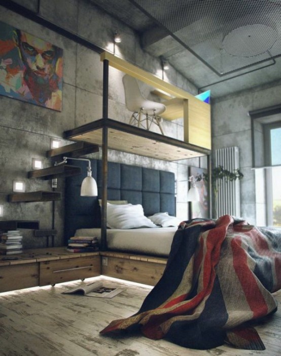 a stylish industrial bedroom with concrete walls, a wooden bed with a platform on top, bright bedding and built-in lights is a cool space