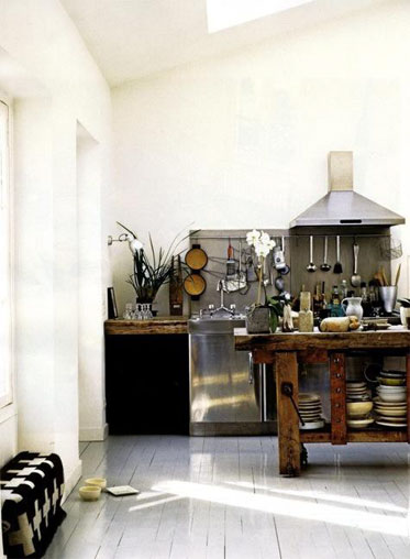 Busy but industrial-inspired kitchen design. Everything is on hand here.