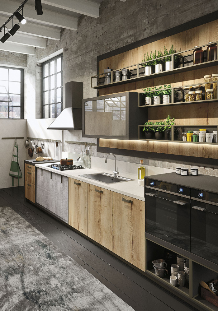 Industrial loft kitchen with light wood in design  1