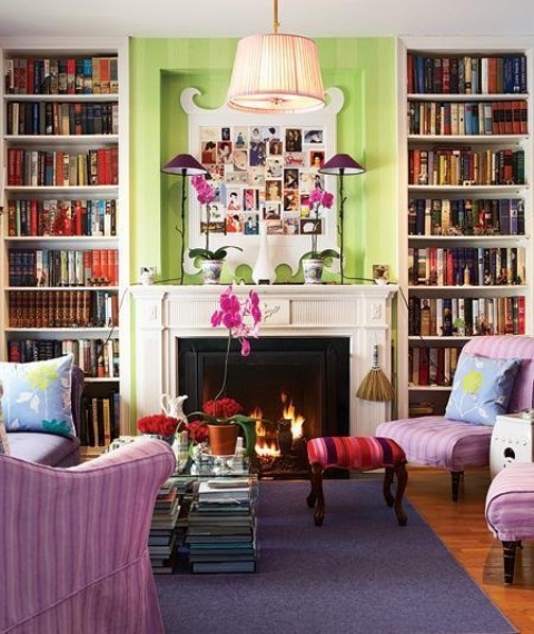 Floor-to-ceiling bookcases and a fireplace mantel are perfect not only to display your book collection but other treasures too. 