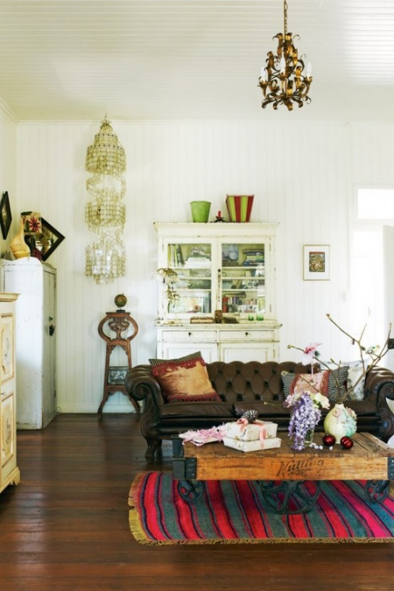 Intriguing antique furniture adds a layer of unique character to any boho living room and brings its history with it.