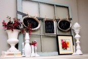 a polka dot bunting with chalkboard signs and fresh blooms for a spring mantel