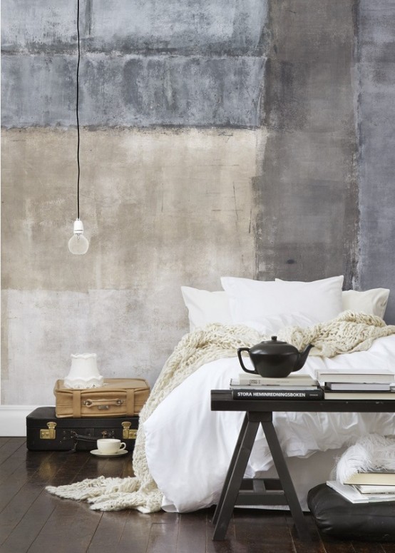 a touch of wabi-sabi in the bedroom - a rough concrete headboard wall painted partly looks super edgy
