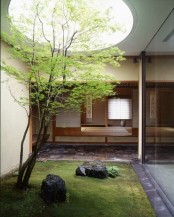 a small Japanese courtyard with grass, rocks, a tree and a skylight to let natural light in here will bring you relaxation