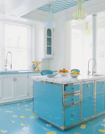 Bright blue kitchen island is a perfect color splash to any kitchen.