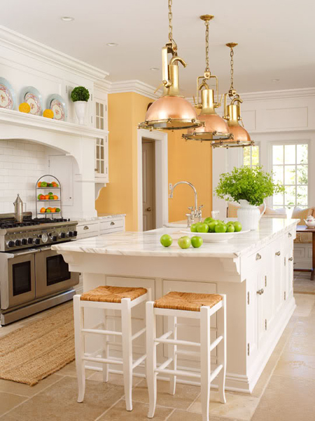 All-white kitchen island would look less massive then some dark counterparts.