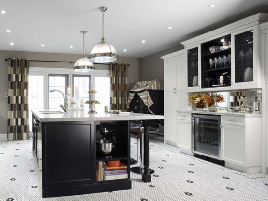 The easiest way to design a black and white kitchen island is to use black cabinets with white marble countertop.