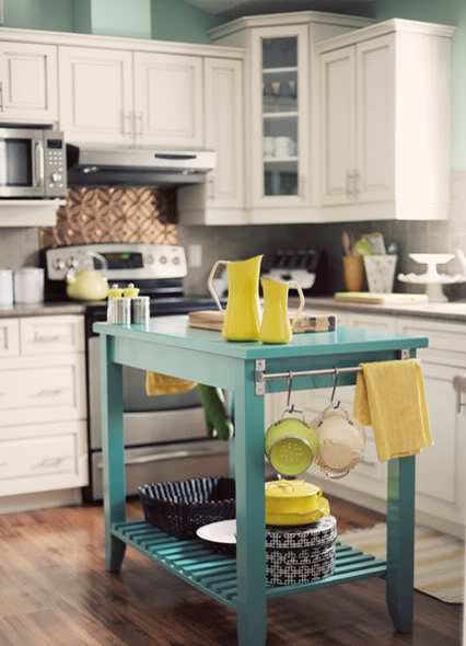 This is what could make an interior of any kitchen more fun. A colorful island without storage cabinets would work even on small kitchens.