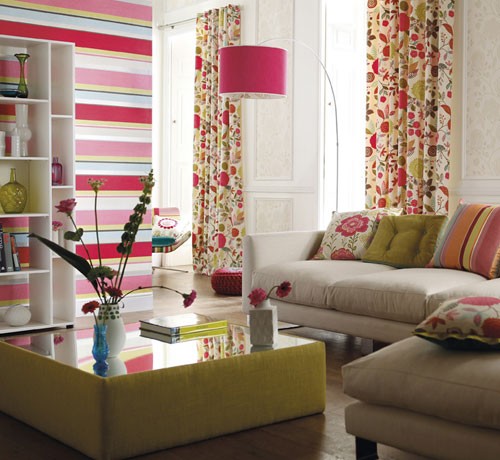 Living Room With Colorful Stripes And Flowers