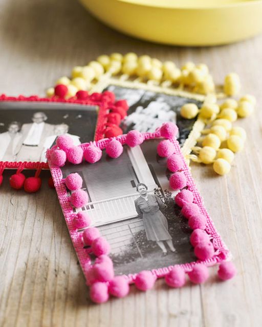 old family photos covered wiht bright red, yellow and pink pompoms to make them cool, bright and more modern