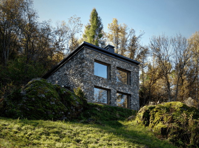 Minimalist cabin covered with stone from ruins  1