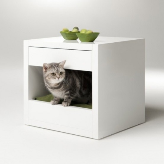 Minimalist Cat Shelter With Colorful Cushions That Doubles As A Nightstand