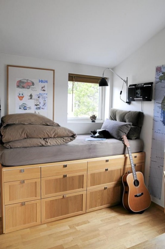 When a kid's room is really tiny then this is a great example how effective you should use the space. A platform bed with lots of drawers could be used in attic rooms too.