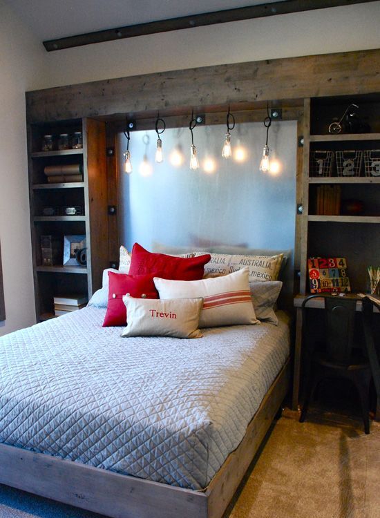 Rustic wood cabients and hanging Edison bulbs would add this awesome industrial touch to bedroom's decor.