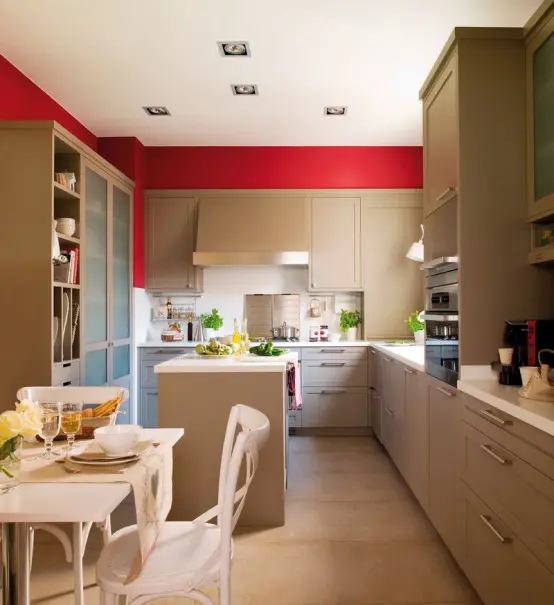 Modern Beige Kitchen With Red Walls
