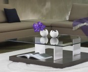 a creative modern coffee table with two tabletops – a plywood and a glass one plus clear legs