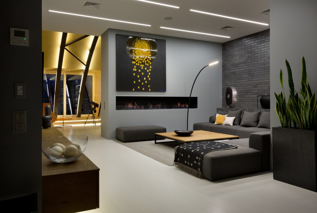 Modern dark penthouse with steel beam structures  4