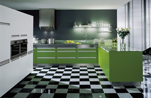 a contemporary kitchen with a black and white tile floor, bold green cabinets, a white storage unit and stainless steel appliances is wow