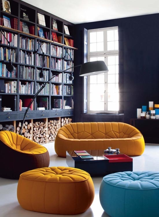 a modern black library with built-in bookshelves and laconic and colorful modern sitting furniture plus a floor lamp