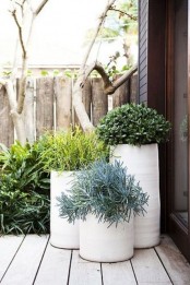 tall white planters with a slight texture and green plants will give your backyard a modern and fresh feel