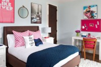a vivacious teen girl bedroom with hot pink and navy touches, a chocolate brown bed and a fun gallery wall
