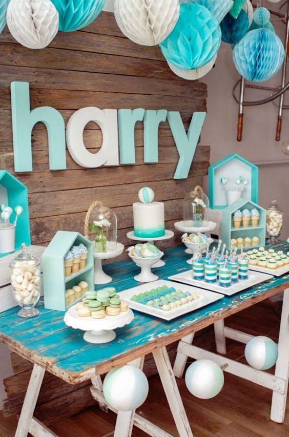 modern turquoise dessert table for a boy baby shower