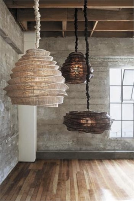 Fabric ruffle pendant lamps of various shapes and colors are a unique idea for any wabi sabi space