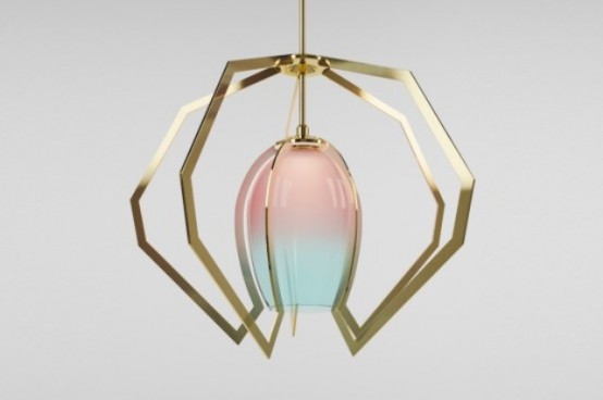 a beautiful pastel gradient lampshade with a gold geometric frame is a fantastic and bold idea for a modern space with a touch of color