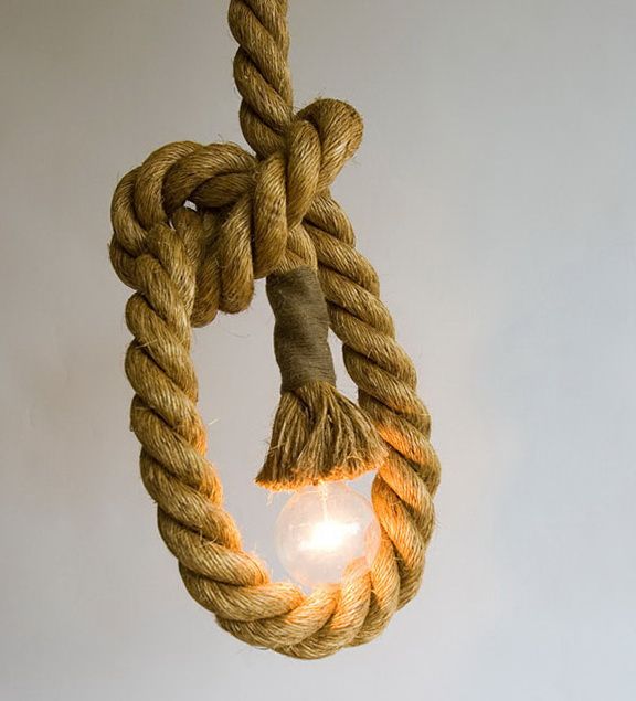 Rope and a bulb as a creative, wabi sabi style, pendant lamp, it looks catchy, bold and unusual, great for industrial spaces, too