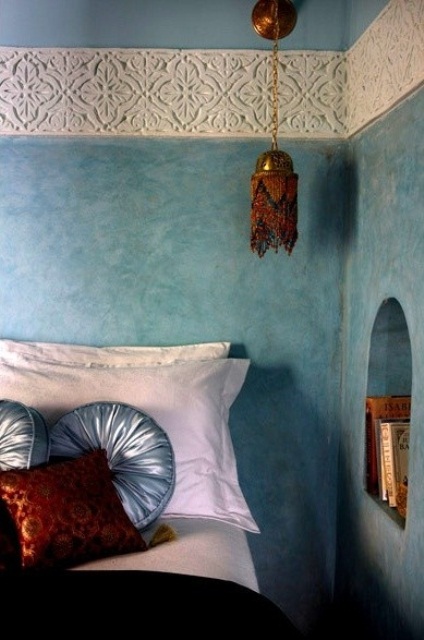 a hanging bed lantern, beautiful pattern on the wall for a Moroccan feel