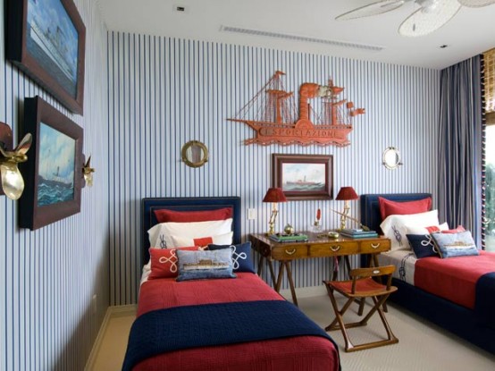 Nautical-inspired boys bedroom for two with a cool wooden ship hanged on a wall.