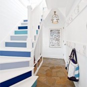 a nautical staircase with grey and blue steps in various colors – such backing can be done with simple sticky paper