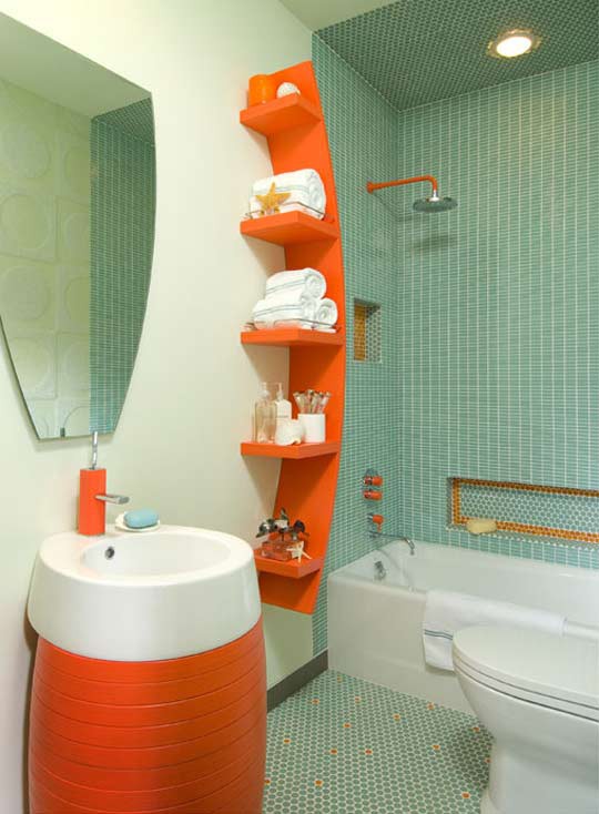A light blue and white bathroom with bright orange touches   a catchy modern vanity and a curved shelf plus hardware
