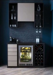 a laconic contemporary home bar with open black storage units, a sleek white cabinet and drawers, a wine cooler built-in