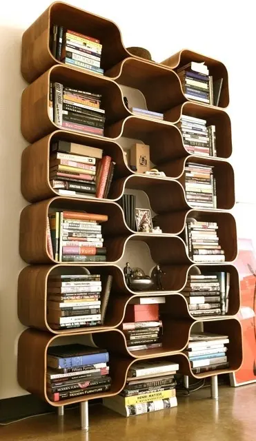 A very catchy plywood bookcase that resembles a beehive looks truly mid century modern and bold