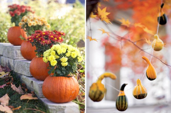 Pumpkin planters are quite easy to make and you can use them as decorations for the whole fall. Fall mums would look amazing in them.

Pumpkin garlands are awesome too!