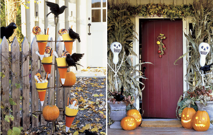 Framing front door with skeletal gourds is a great way to make a festive first impression.