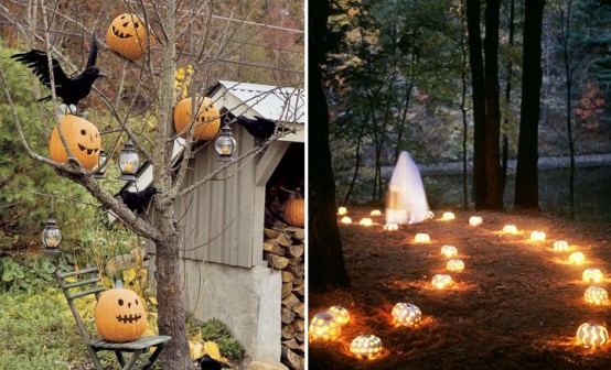 Any tree that lost its leaves would be an amazing base for spooky Halloween decorations. You can even hang some jack-o-lanterns on it. LED candle lanterns would be a nice addition too.