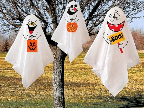 DIY ghosts are quite cheap and easy to make. But who said they should be scary? They could be fun! Twin white sheet and a bunch of markers are only things you need.