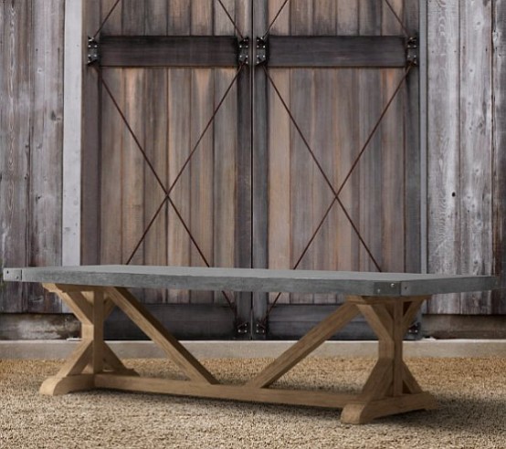 such a dining table with trestle legs and a concrete tabletop is a lovely solution for a modern farmhouse or modern rustic terrace
