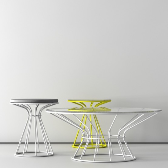 Coffee Tables and Stool with Restrained by Circle Painted Metal Structures