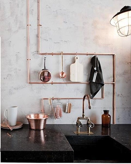 a copper pipe rack for a kitchen is a brilliant idea - you get a pretty and functional holder for your kitchen and a lovely industrial touch