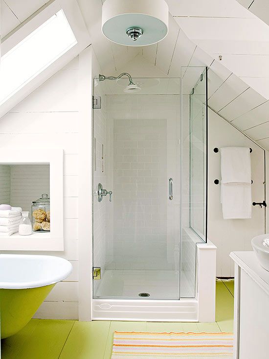 a white attic bathroom with a neon green floor, a shower, a neon green bathtub and a sink