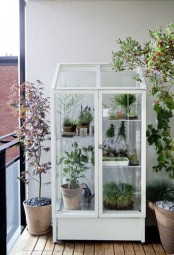 a white glass armoire as a grene house for a balcony, place any plants and blooms in pots there