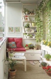 a storage bench and some open shelving over it are all you need for a small balcony