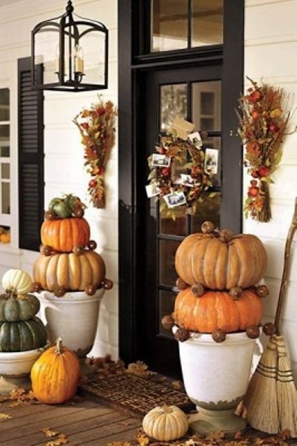 Make your own pumpkin and pinecone topiaries.